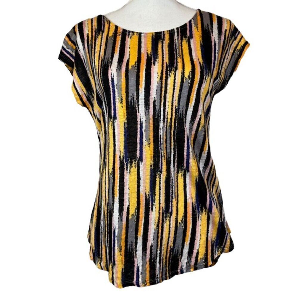 Cynthia Rowley 100% Linen Top Short Sleeve Artsy Stripe Black Gold Size Medium